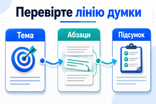 Інфографіка про три точки перевірки логіки тексту після ChatGPT: тема, абзаци, підсумок