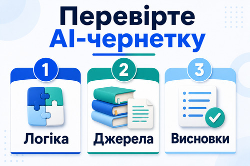 Інфографіка про перевірку AI-чернетки після ChatGPT за логікою, джерелами та висновками