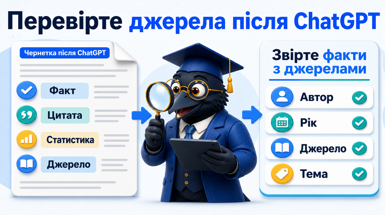 Ворон-аналітик перевіряє факти, цитати, статистику й джерела після ChatGPT у студентській роботі