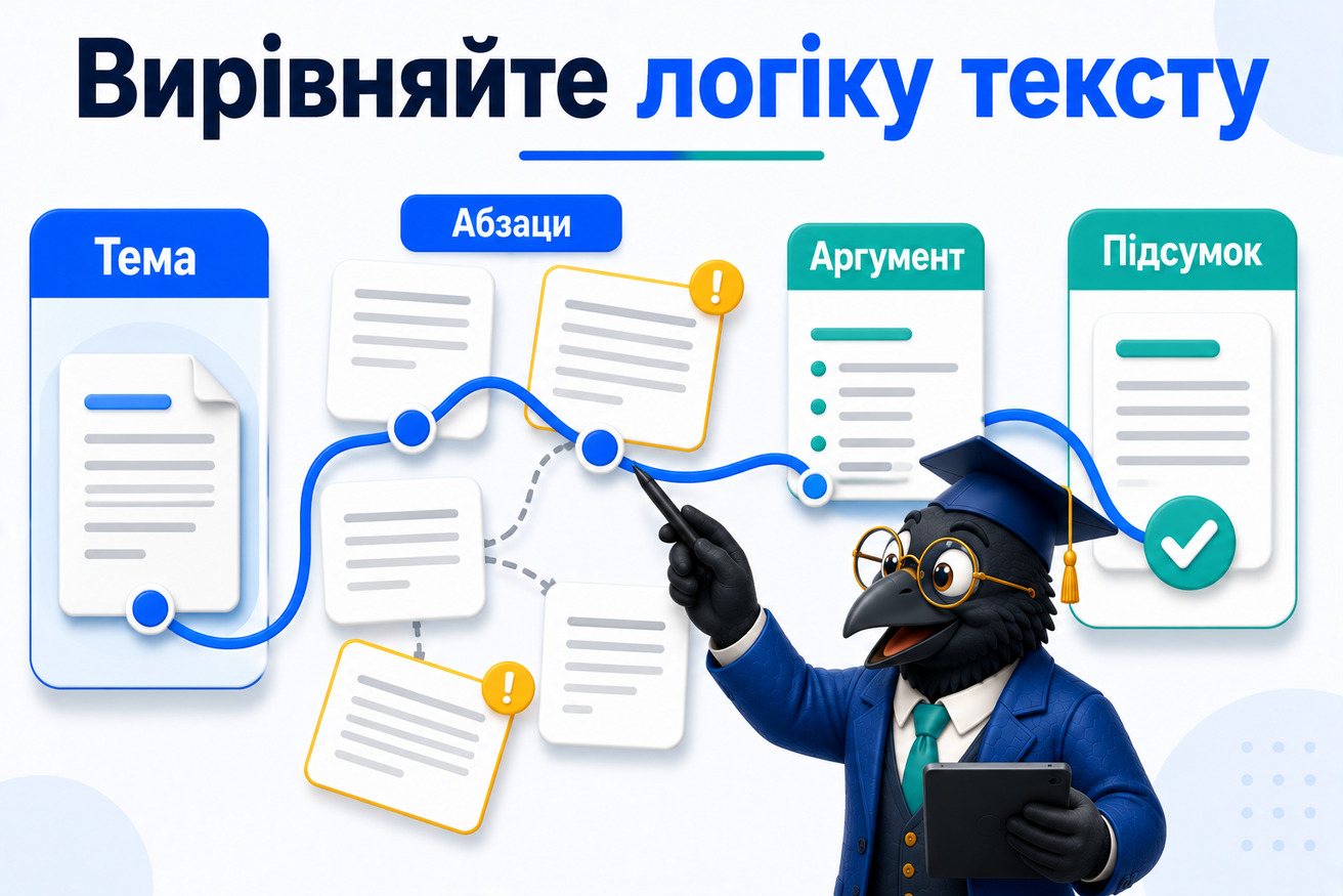 Ворон-аналітик перевіряє логіку тексту після ChatGPT і вирівнює лінію думки від теми до підсумку