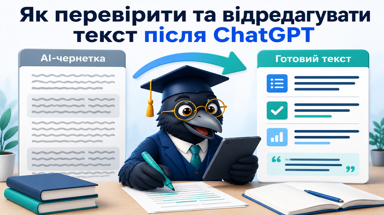 Ворон-аналітик редагує AI-чернетку після ChatGPT і перетворює її на готовий академічний текст