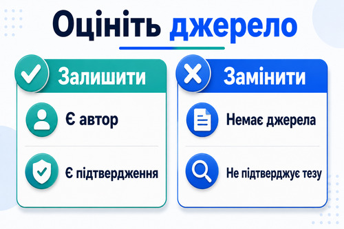 Інфографіка про те, коли сумнівне джерело після ChatGPT варто залишити, а коли замінити