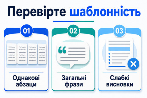 Інфографіка з трьома ознаками шаблонного тексту після ChatGPT