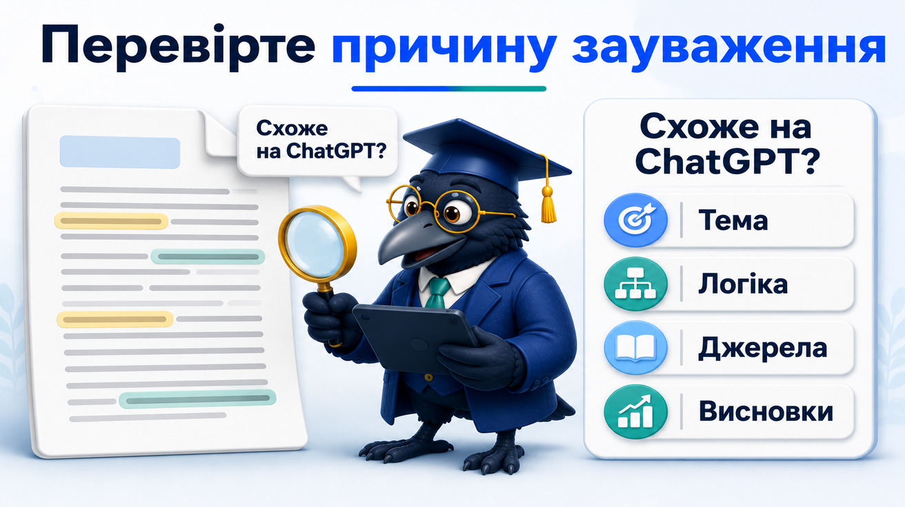 Ворон-аналітик перевіряє студентський текст після зауваження викладача, що він схожий на ChatGPT