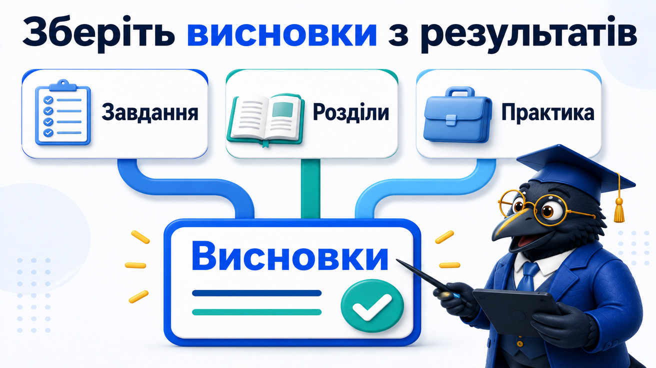 Ворон-аналітик звіряє висновки після ChatGPT із завданнями, розділами та практичною частиною роботи