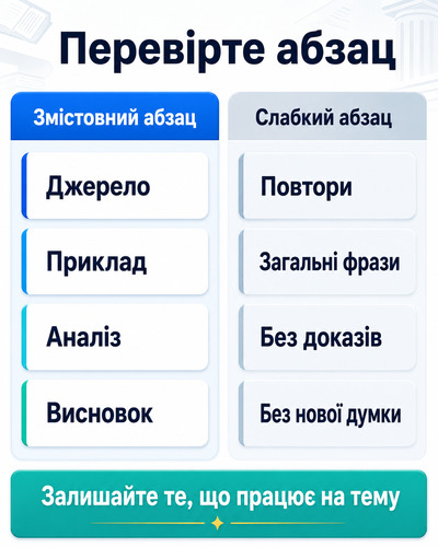Інфографіка про те, як відрізнити змістовний абзац від води в дипломній