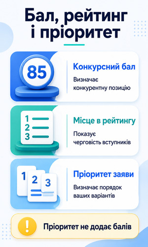 Різниця між конкурсним балом, місцем у рейтингу та пріоритетом заяви