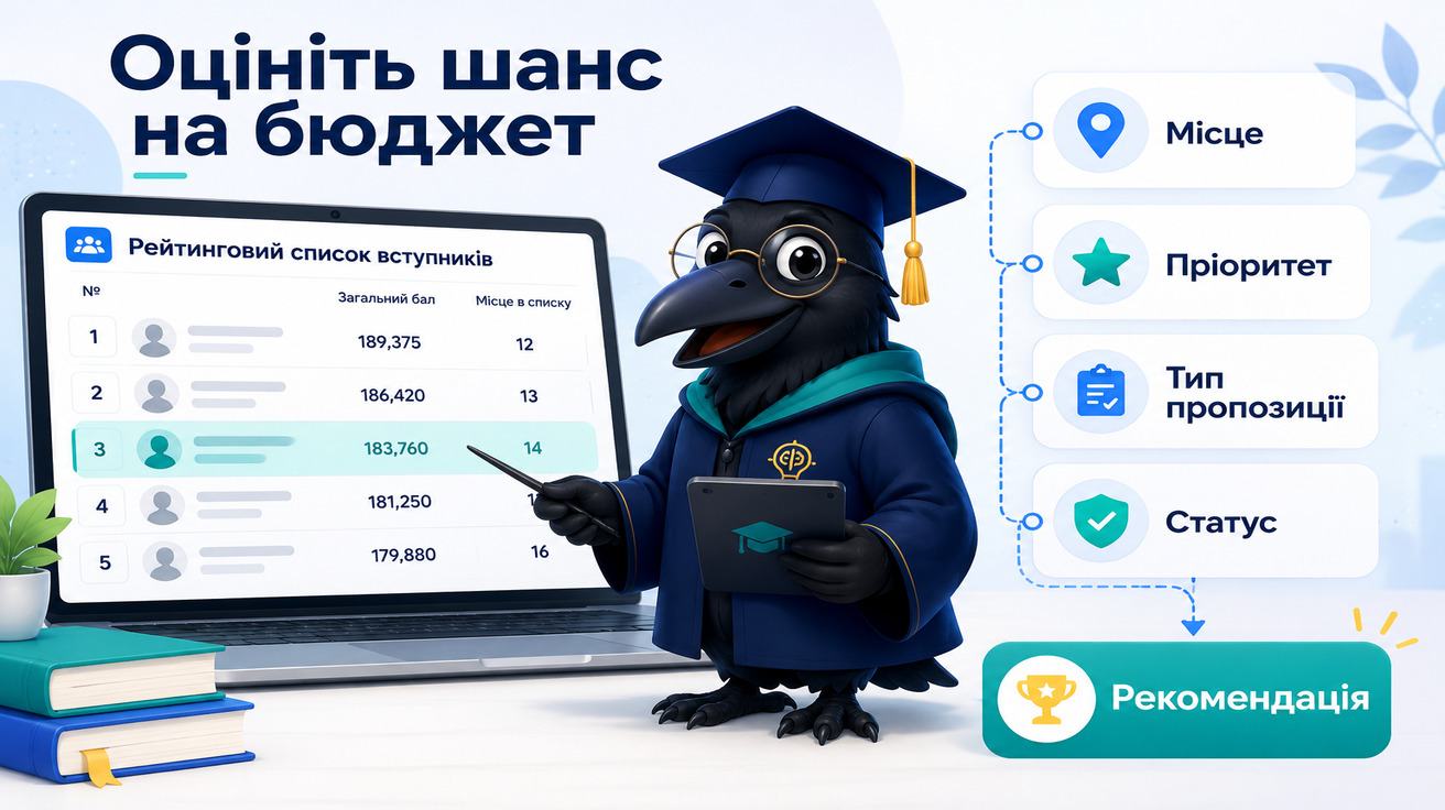 Ворон-аналітик допомагає вступнику оцінити шанс на бюджет за місцем у рейтингу, пріоритетом і статусом заяви
