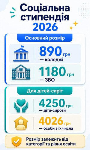 Розміри соціальної стипендії для студентів у 2026 році