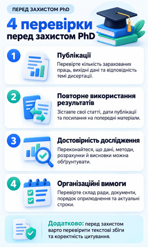 Інфографіка з чотирма перевірками перед захистом дисертації PhD