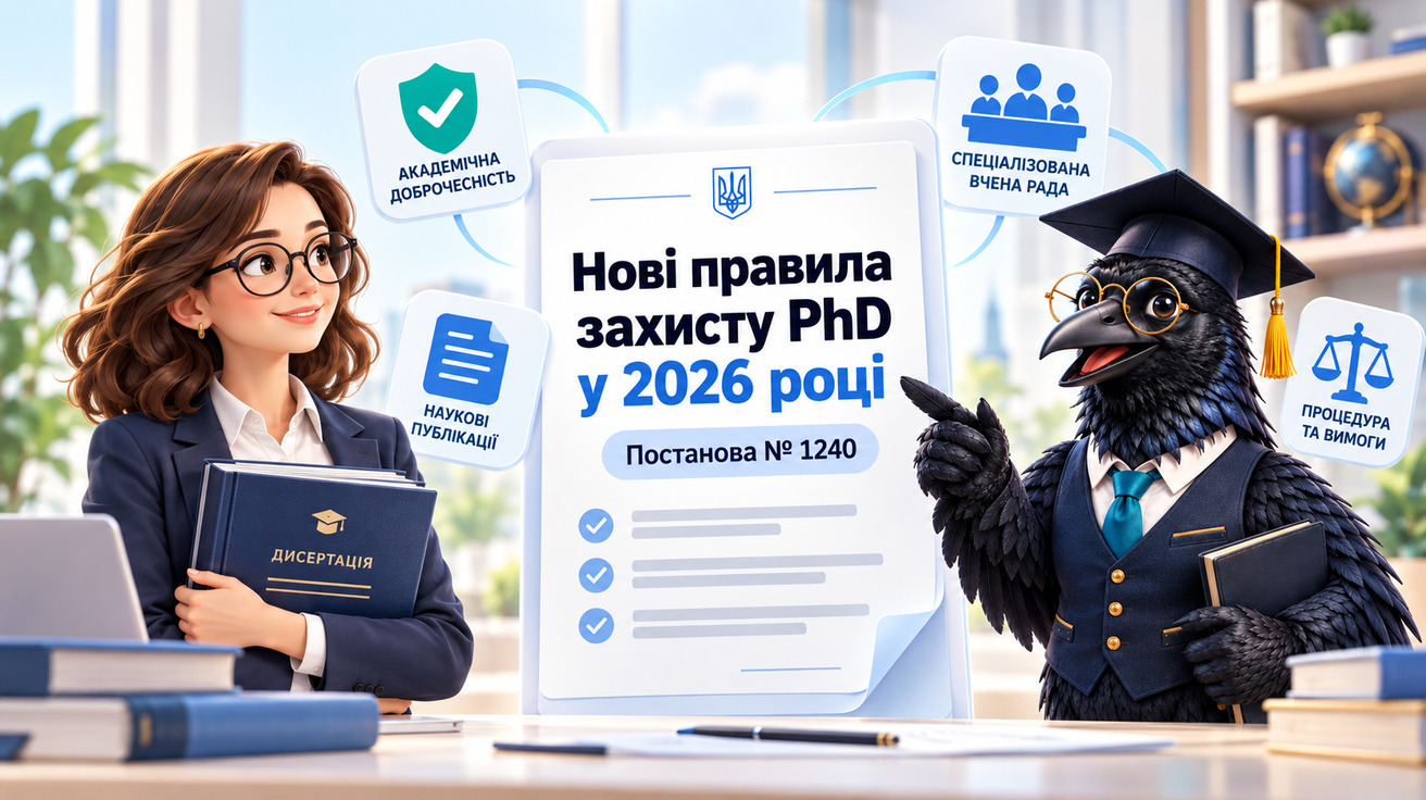Нові правила захисту дисертацій PhD у 2026 році з Вороном-аналітиком і офіційним документом